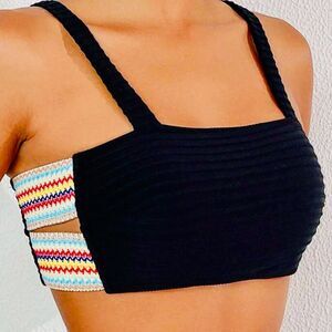Black Ribbed Crop Top with Colorful Side Straps
